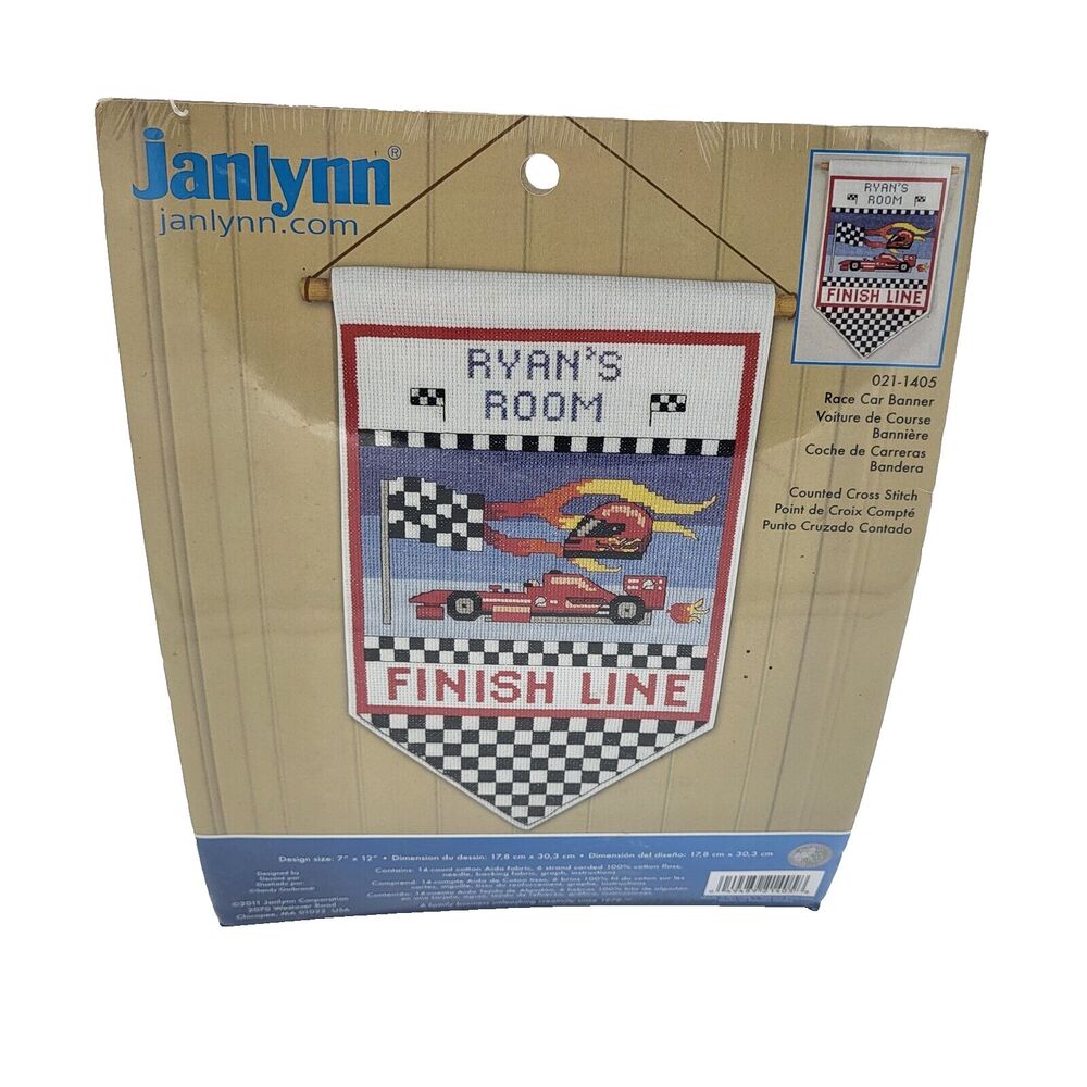 Janlynn Cross Stitch Kit 7" x 12" Race Car Banner 021-1405 SEALED 2011